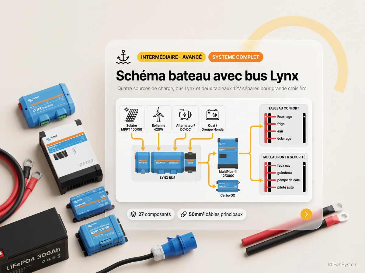 Apercu d'un schema de voilier autonome avec 12 V et 230 V