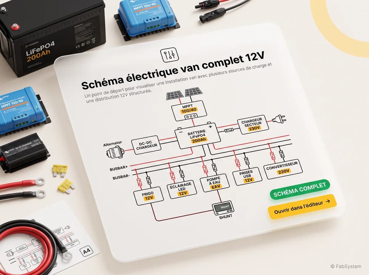 Apercu d'un schema van lithium 280 Ah avec solaire et 230 V